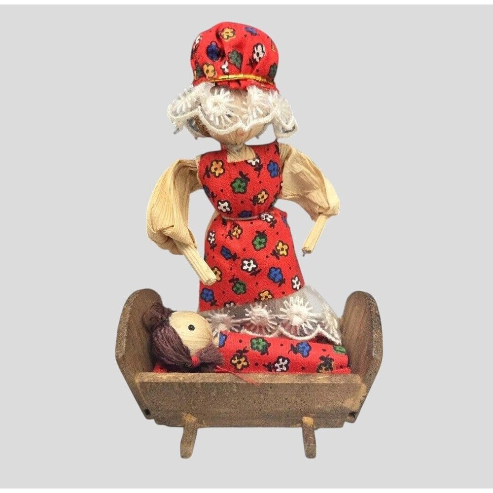 Vintage Handmade Corn Husk Doll Mother & Baby Girl in Wood Cradle Clothes 4.5"
